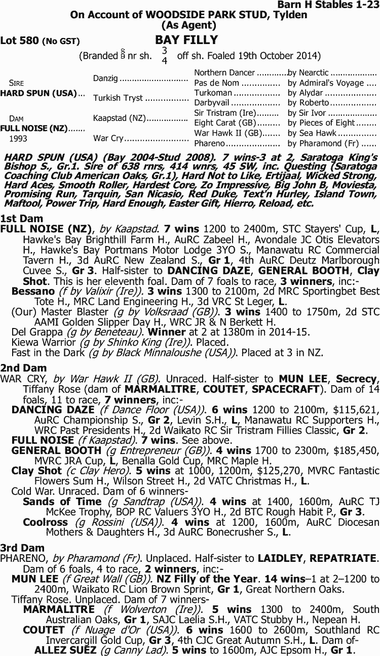 Inglis - 2016 Melbourne Premier Yearling Sale - Lot 580, Hard Spun (USA) x Full Noise (NZ)